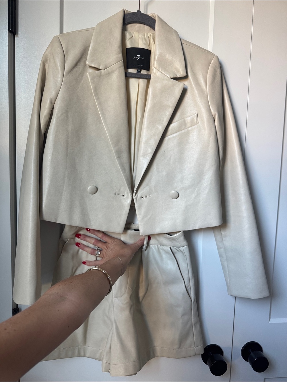 Faux Leather Cropped Blazer Jacket Set - Cream